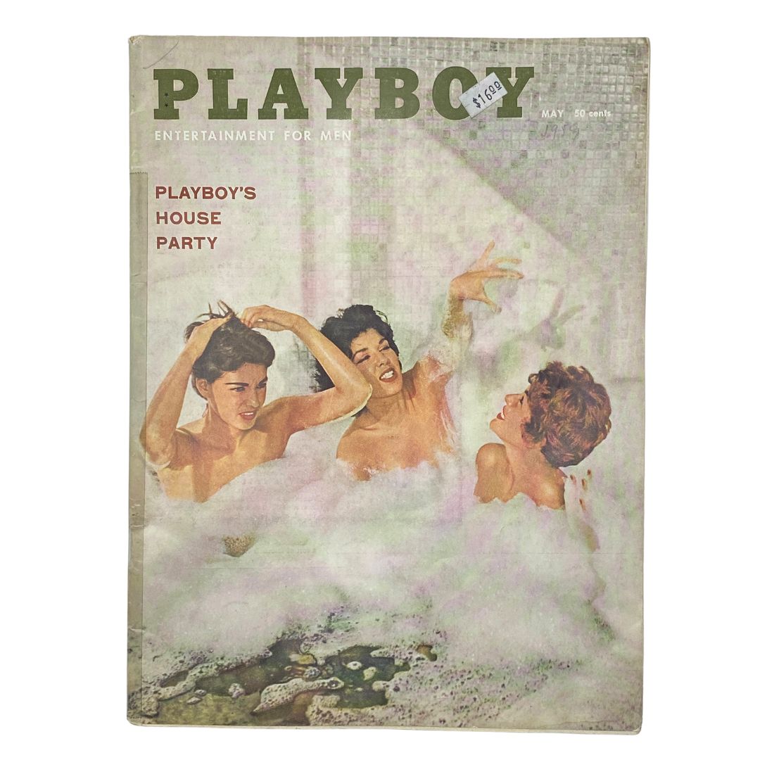 Vintage Playboy Magazine May 1959 cover featuring Playmates at a house party in a bubble bath setting, showcasing the iconic adult entertainment publication's retro aesthetic.