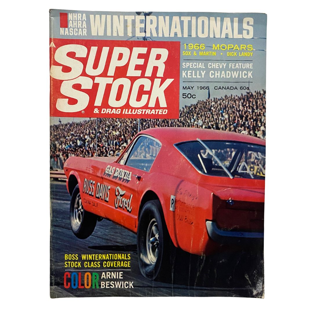 Cover of Super Stock & Drag Illustrated Magazine, May 1966 featuring a red drag racing car and the headline 'SUPER STOCK & DRAG ILLUSTRATED', showcasing the excitement of classic drag racing.