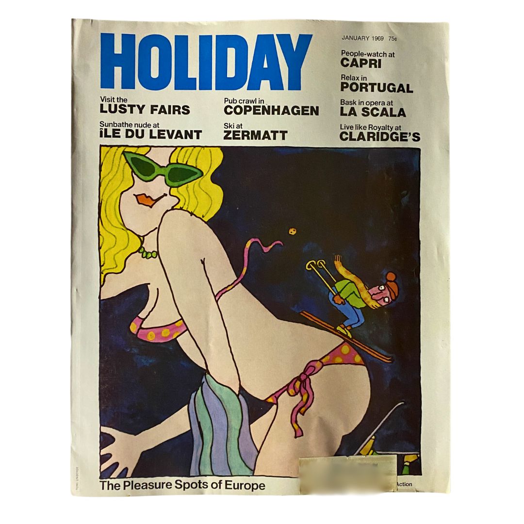 Cover of VTG Holiday Magazine January 1969 featuring colorful illustration of a woman in sunglasses alongside winter sports imagery. Captures the essence of travel in Europe, highlighting cultural experiences from the 1960s.