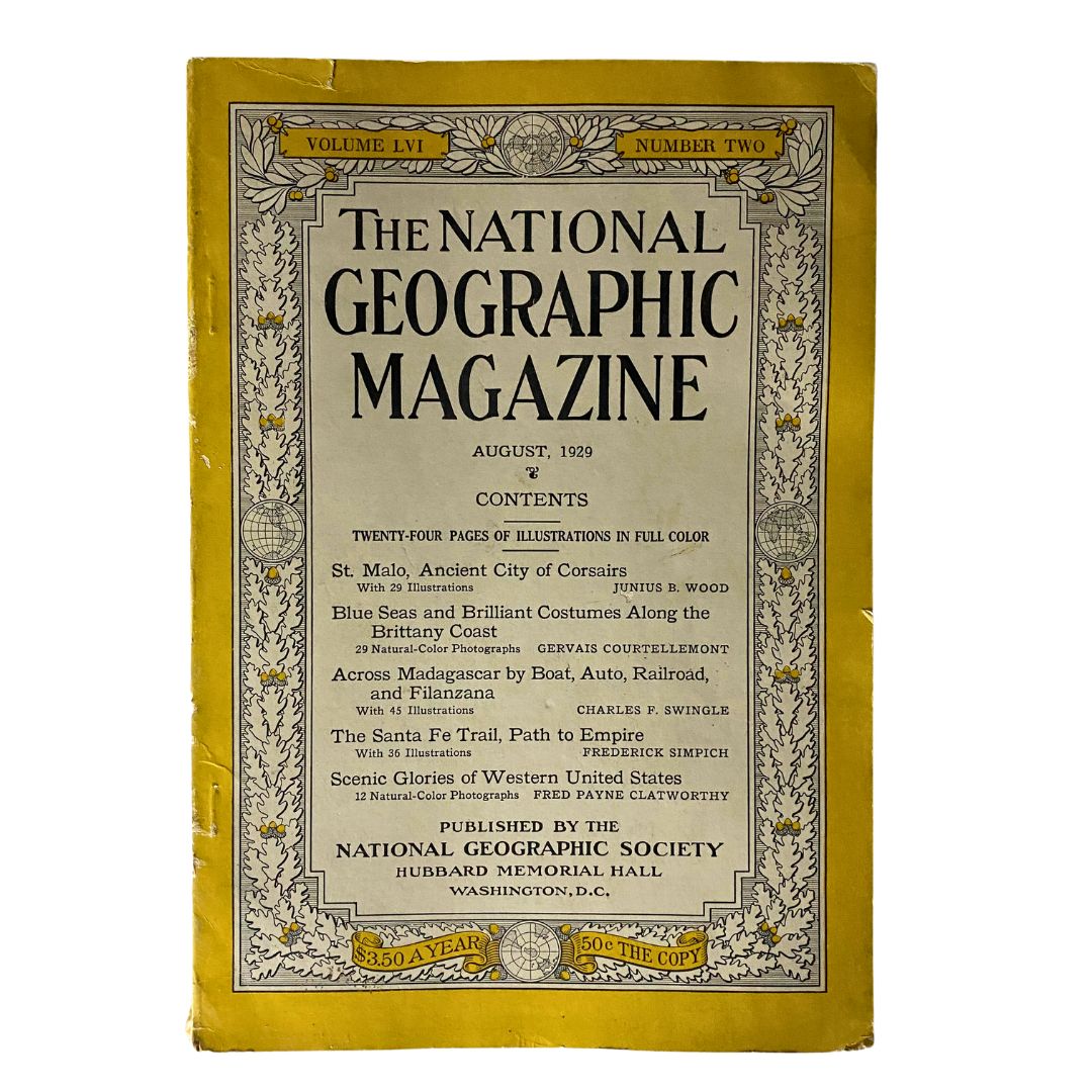 Cover of VTG The National Geographic Magazine August 1929 featuring The Santa Fe Trail, showcasing vibrant color and historical significance.