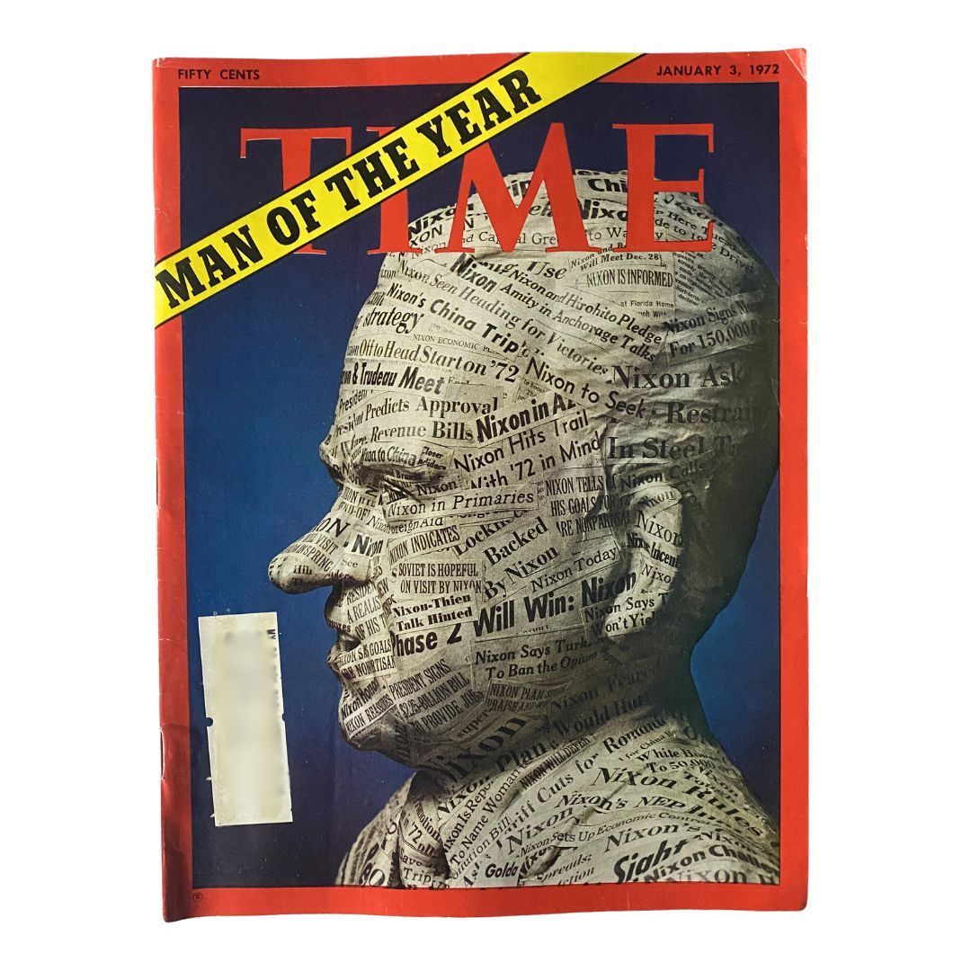 VTG Time Magazine featuring Richard Nixon Man of the Year cover from January 3, 1972, showcasing a profile image of Nixon composed of newspaper headlines.