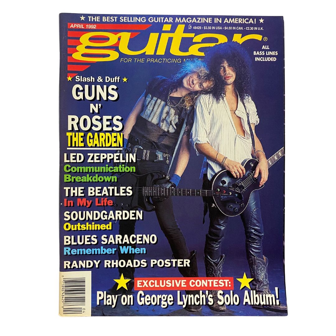 Guitar for the Practicing Musician Magazine April 1992 featuring Slash and Duff from Guns N' Roses, showcasing articles and poster in great condition.