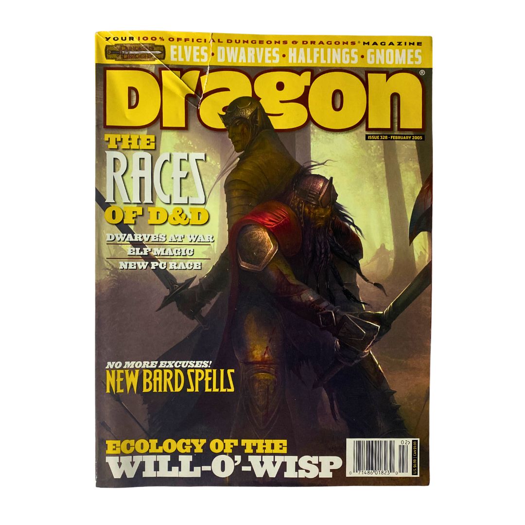 Dragon Magazine February 2005 #328 cover featuring 'The Races of D&D' showcasing a majestic warrior figure; highlights Dwarves, Elves, Halflings, and Gnomes with additional content on new bard spells and the ecology of the Will-o'-Wisp.