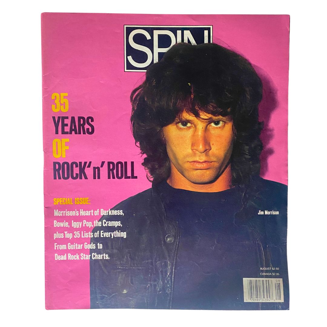 Cover of Spin Magazine August 1990 Vol 6 No. 5 featuring Jim Morrison, highlighting '35 Years of Rock 'n' Roll' and 'Morrison's Heart of Darkness'.