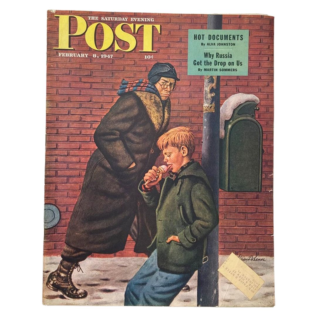 The Saturday Evening Post February 8 1947 cover art featuring a young boy eating ice cream and a woman walking in the background, illustrated by Dohanos.