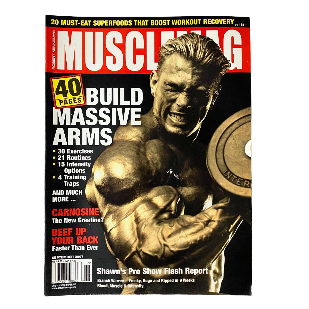 Cover of Muscle Mag Magazine from September 2007 featuring Branch Warren, showcasing fitness tips and workout routines.