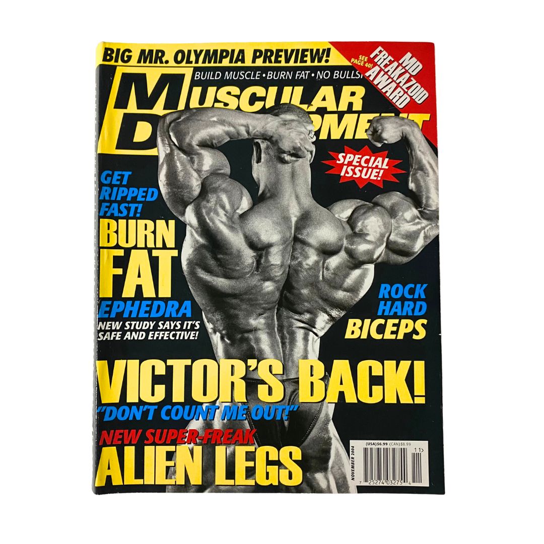 Muscular Development Magazine November 2004 featuring Victor Martinez on the cover. The magazine highlights bodybuilding themes with articles focusing on fitness, training methodologies, and insights into the bodybuilding community of the mid-2000s.