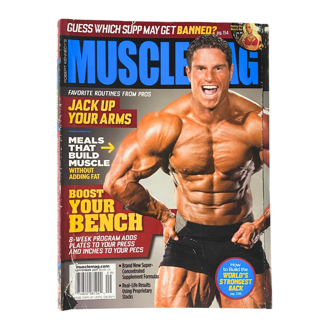 MuscleMag Magazine September 2011 No. 352 featuring a muscular male athlete showcasing his physique on the cover.