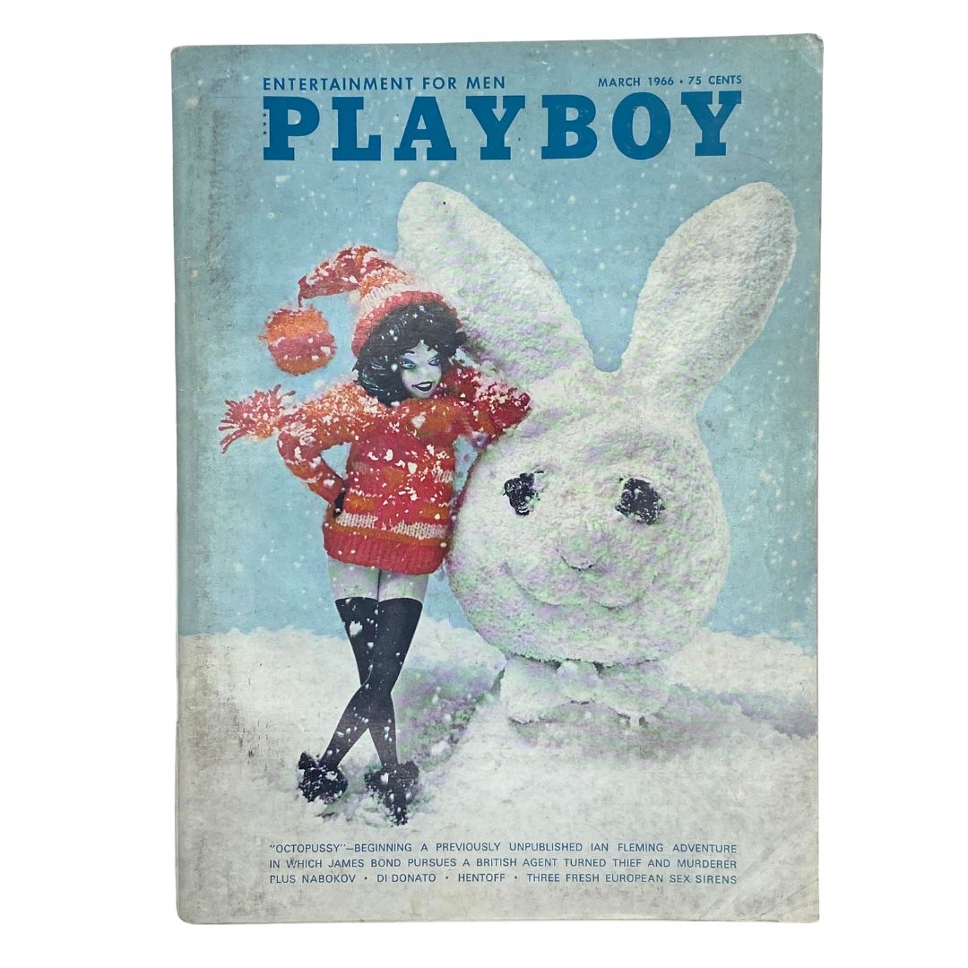 Playboy Magazine March 1966 featuring Playmate Priscilla Wright on the cover with a whimsical snow-themed design and a snow bunny, perfect for collectors of vintage publications.