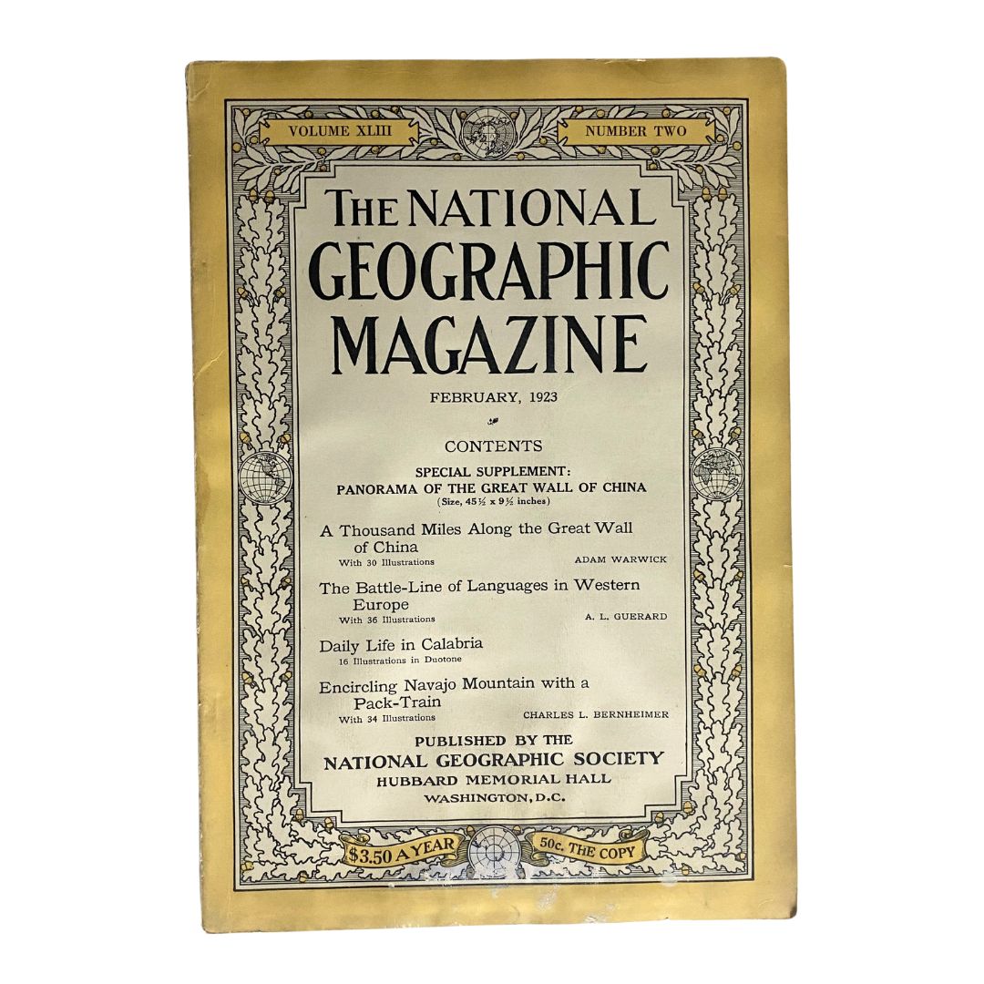 Cover of National Geographic Magazine February 1923 featuring The Great Wall Supplement, showcasing a beautifully designed title page with historical content.
