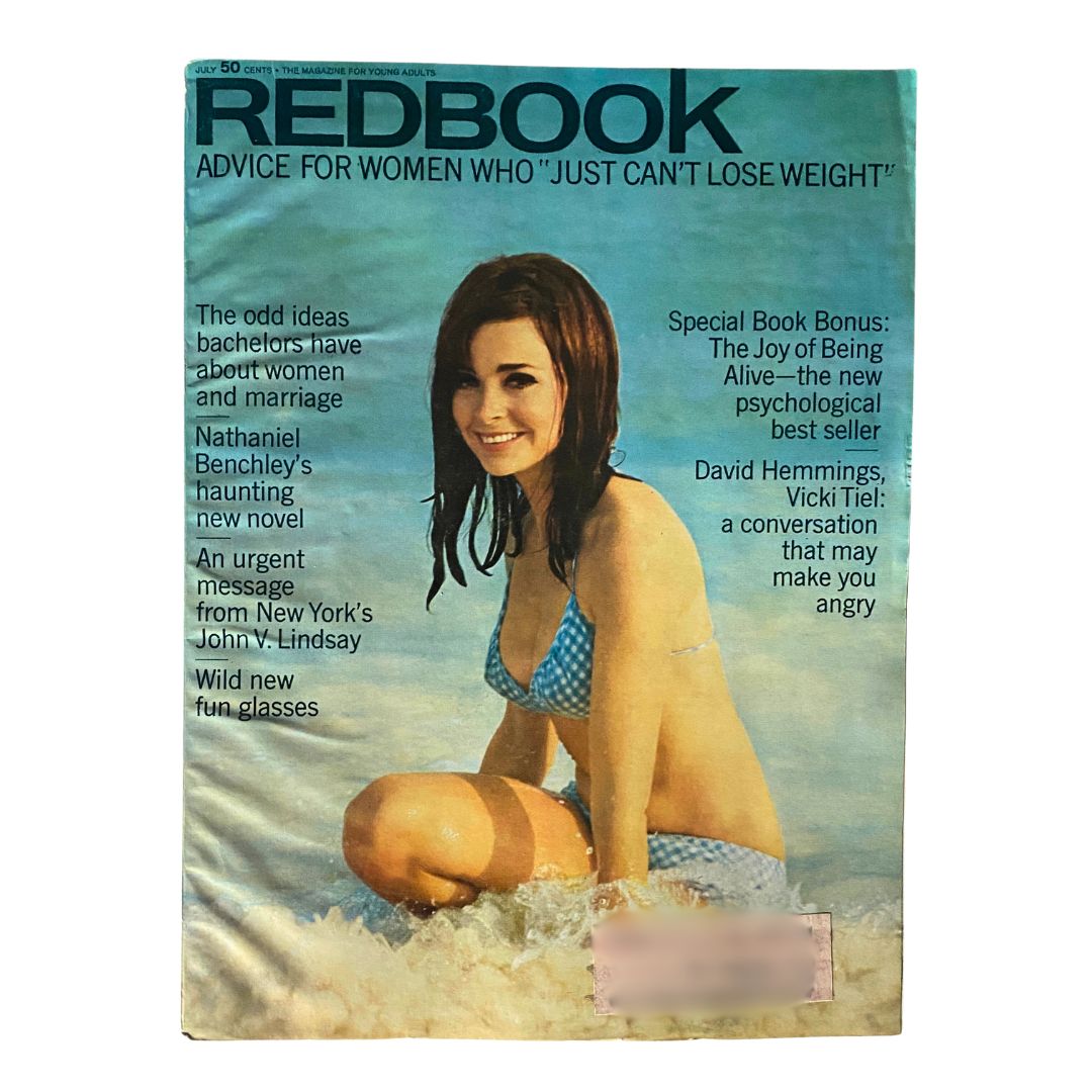 VTG Redbook Magazine July 1968 featuring a smiling woman in a bikini on the beach, highlighting an article by John V. Lindsay titled 'Urgent Message'.