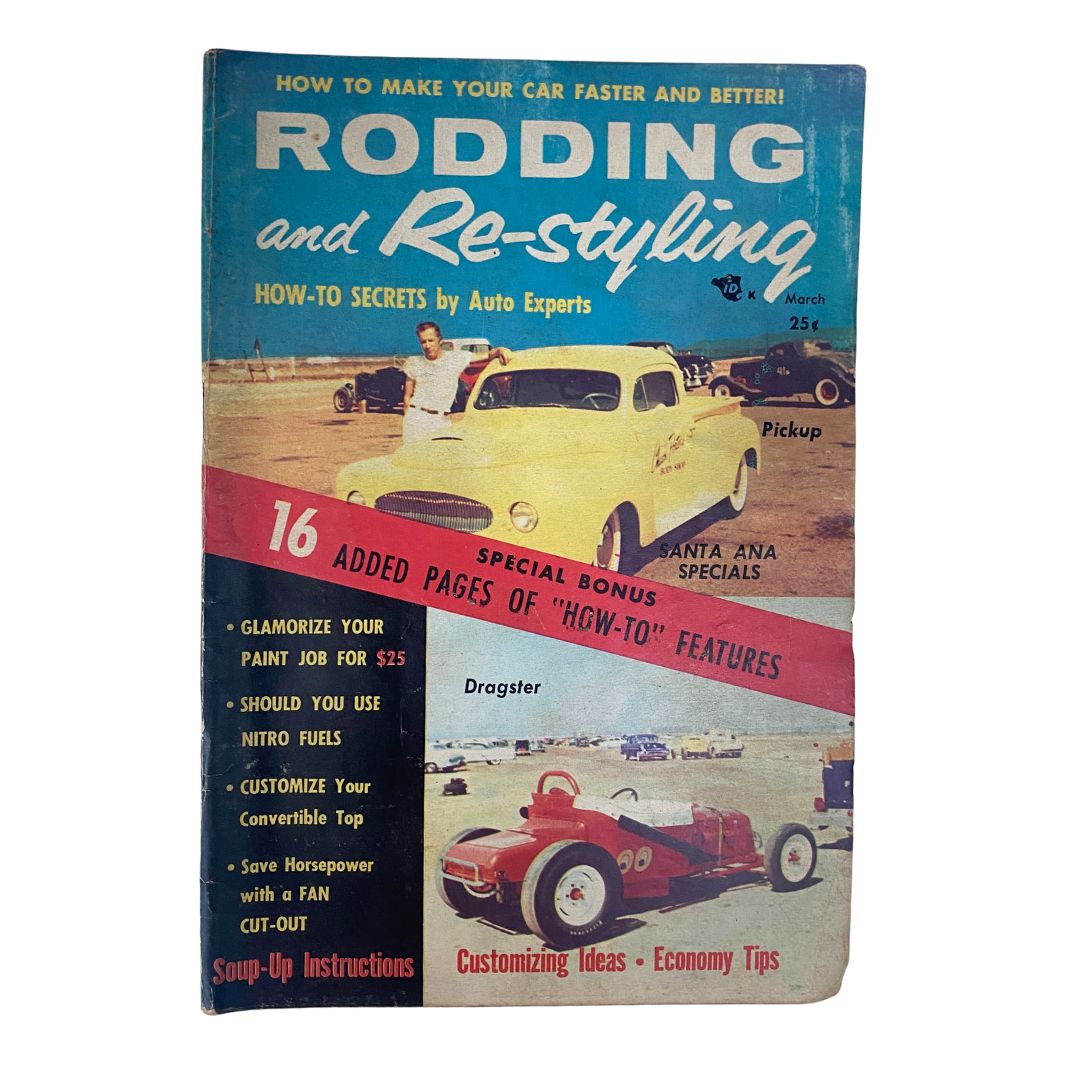 Vintage Rodding & Re-Styling Magazine Cover from March 1956 featuring The Santa Ana Specials with a yellow pickup and dragster on the beach.