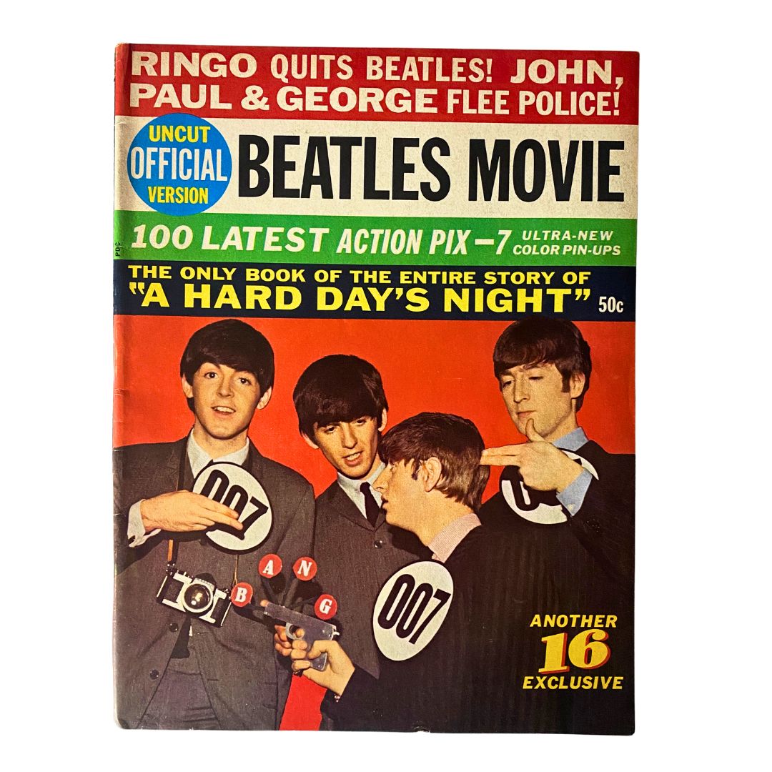 Vintage 1964 Beatles Movie Book featuring iconic images from 'A Hard Day's Night' showing the Fab Four on the cover in a playful pose.