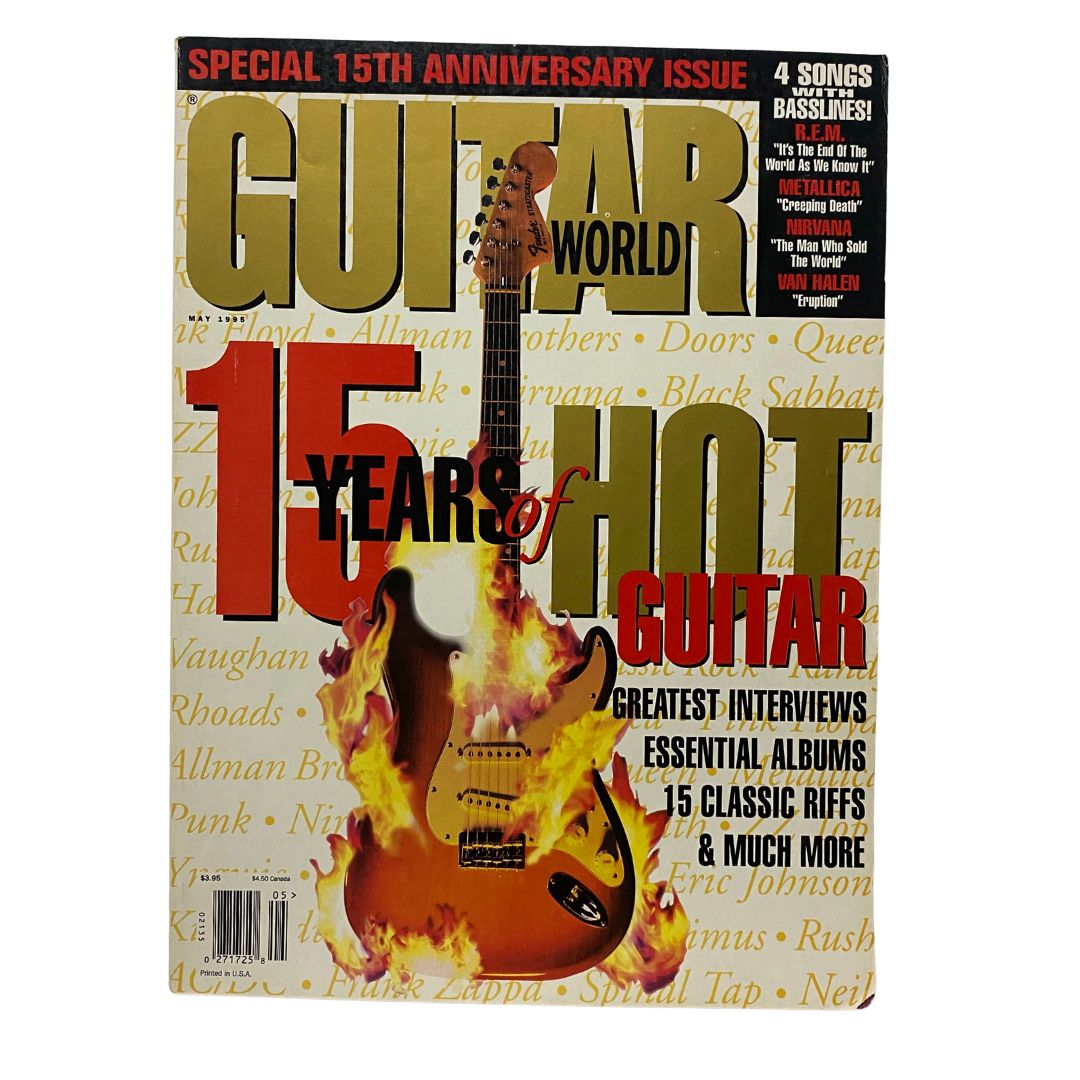 Guitar World Magazine May 1995 cover featuring '15 Years of Hot Guitar' anniversary issue with a flaming electric guitar design.