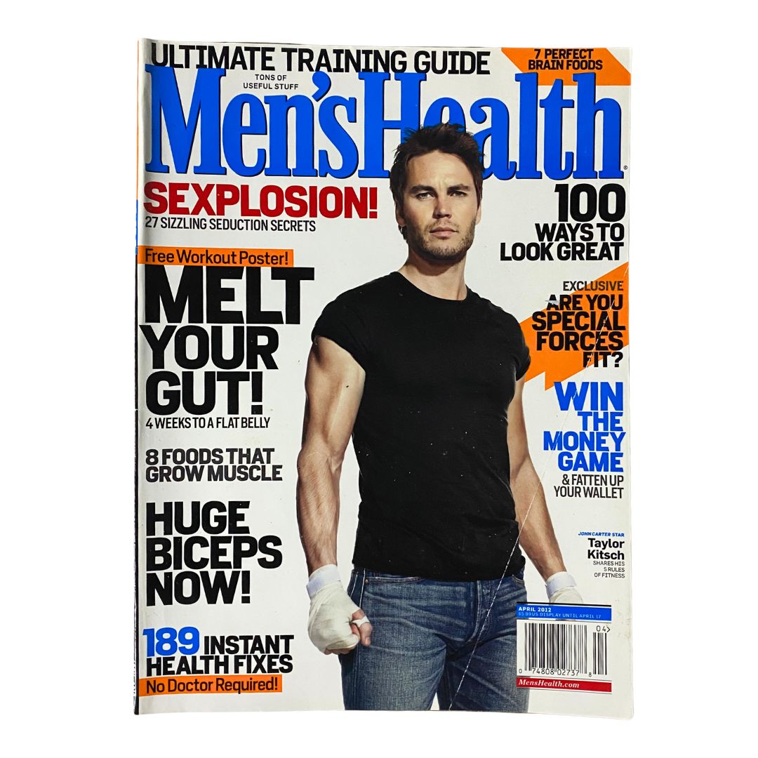 Men's Health Magazine April 2012 featuring Taylor Kitsch on the cover, showcasing fitness insights and lifestyle trends from that year.