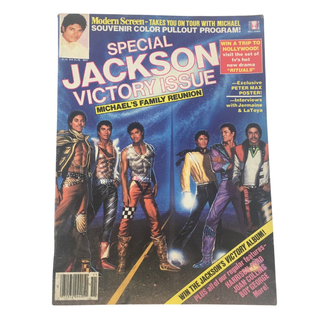 Cover of Modern Screen Magazine November 1984, titled 'Special Jackson Victory Issue', featuring Michael Jackson and family during their reunion. The magazine highlights Michael Jackson's iconic status, showcasing collectible pop culture history from the 1980s with vibrant colors and celebrity features.