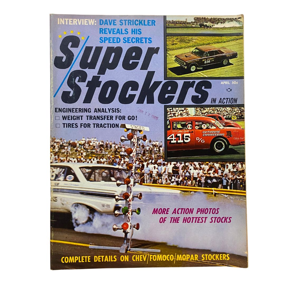 Cover of Super Stockers in Action Magazine April 1965 featuring Dave Strickler and showcasing drag racing secrets, muscle cars, and racing strategies.