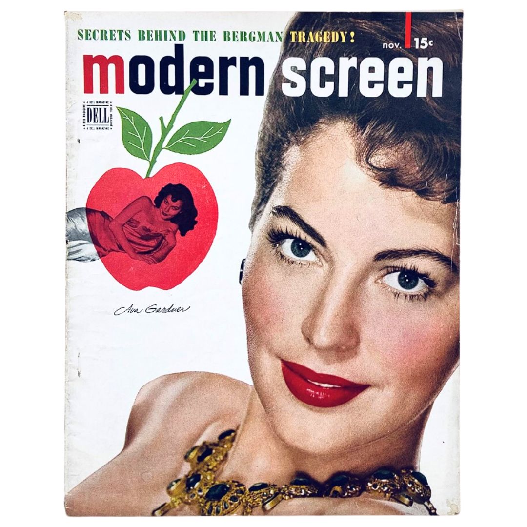 VTG Modern Screen Magazine November 1949 featuring Ava Gardner on the cover, showcasing mid-century Hollywood glamour with a striking design.