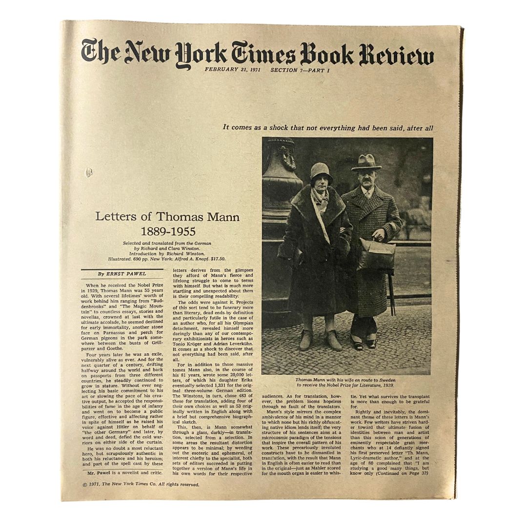 An image of The New York Times Book Review from February 21, 1971, featuring an article titled 'Letters of Thomas Mann 1889-1955,' showcasing vintage styling and relevant literary content.