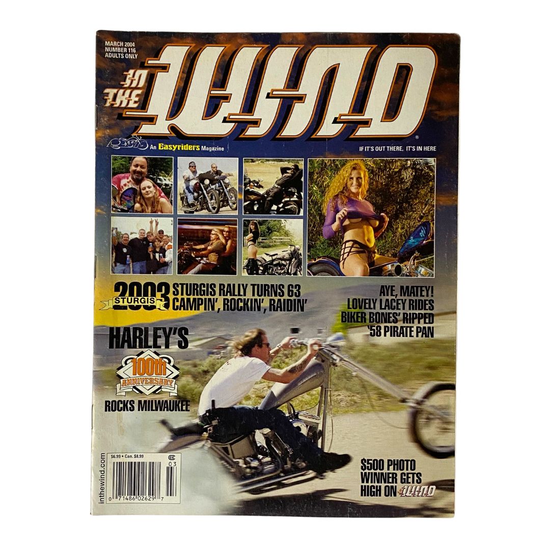 Cover of In The Wind Magazine, March 2004, Issue No. 116, featuring a variety of motorcycle riders and engaging articles related to motorcycles and adventures.