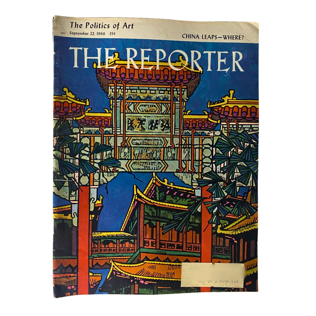 Cover of VTG The Reporter Magazine September 22 1966 featuring the title 'The Politics of Art' with vibrant artwork depicting Asian architecture and cultural motifs.