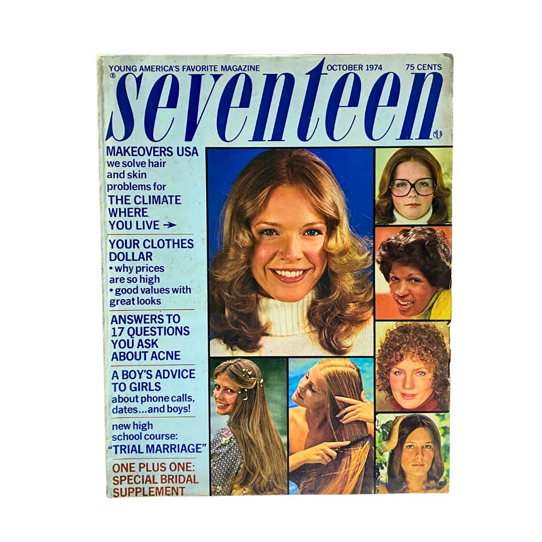 Seventeen Magazine October 1974 cover featuring 'The Makeovers USA' article, showcasing vintage beauty and fashion trends with a charismatic model and various hairstyles, reflecting teenage culture in the 1970s.