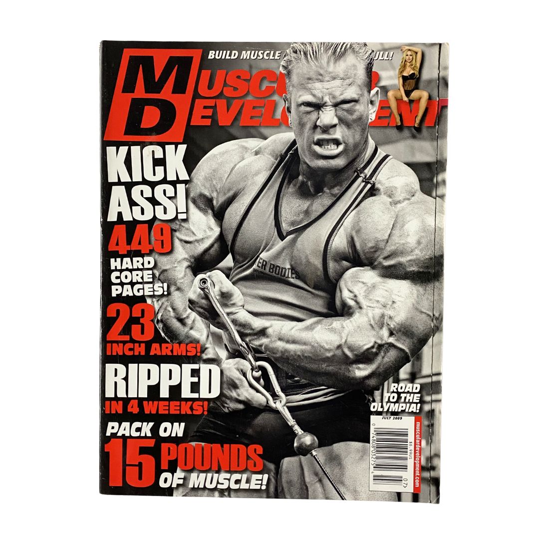 Muscular Development Magazine July 2009 Jay Cutler Cover No Label featuring Jay Cutler in a powerful pose, showcasing the bodybuilding culture and fitness insights from the late 2000s with prominent text highlighting workout tips and muscle development.
