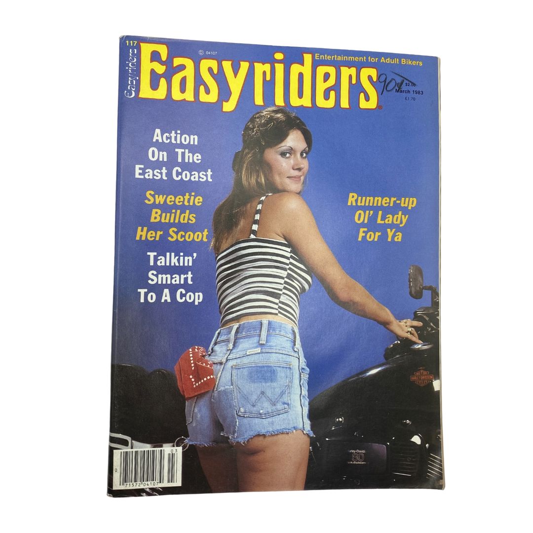Cover of VTG Easyriders Magazine March 1983 featuring the title 'Runner-up Ol' Lady For Ya' showcasing a woman in stylish attire with a motorcycle, highlighting the vibrant biker culture of the 1980s.