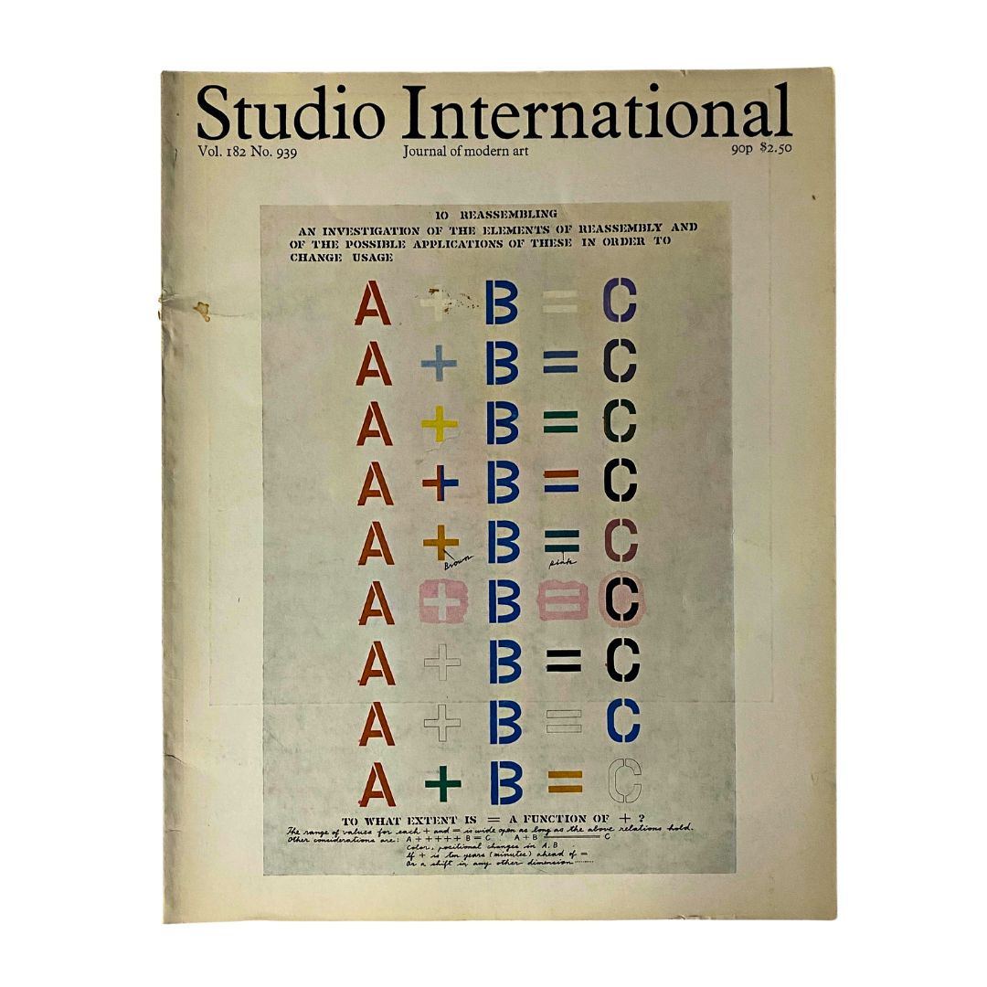 Cover of VTG Studio International Magazine December 1971 by Arakawa, featuring bold colors and abstract symbols, representing art and culture of the early 1970s.