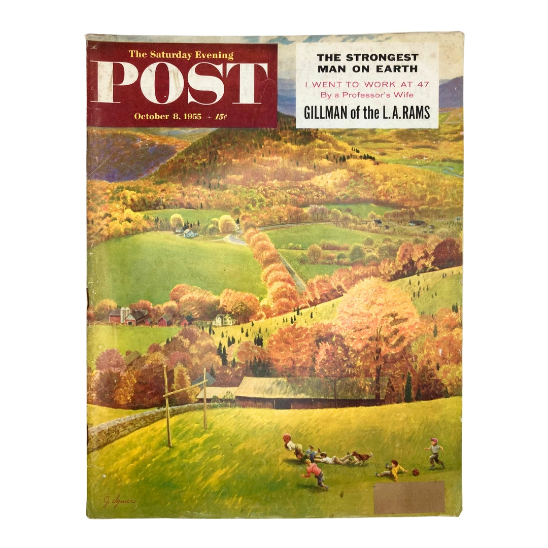 Cover of the Saturday Evening Post Magazine from October 8, 1955, featuring football-themed artwork by John Clymer, showcasing a vibrant autumn landscape and football action.
