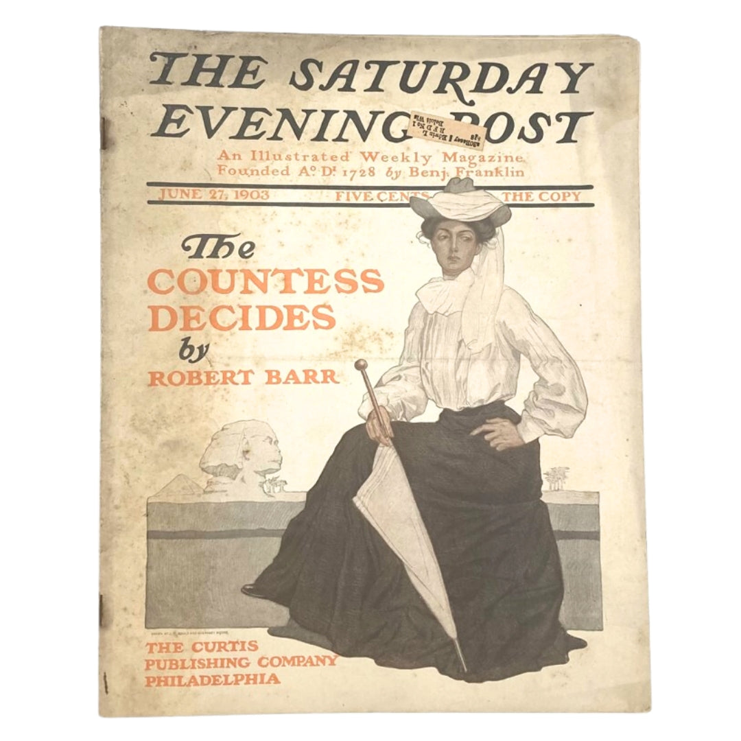 Saturday Evening Post Illustrated Cover from June 27, 1903, featuring 'The Countess Decides' by Robert Barr, showcasing vibrant colors and intricate artwork, ideal for collectors and history enthusiasts.