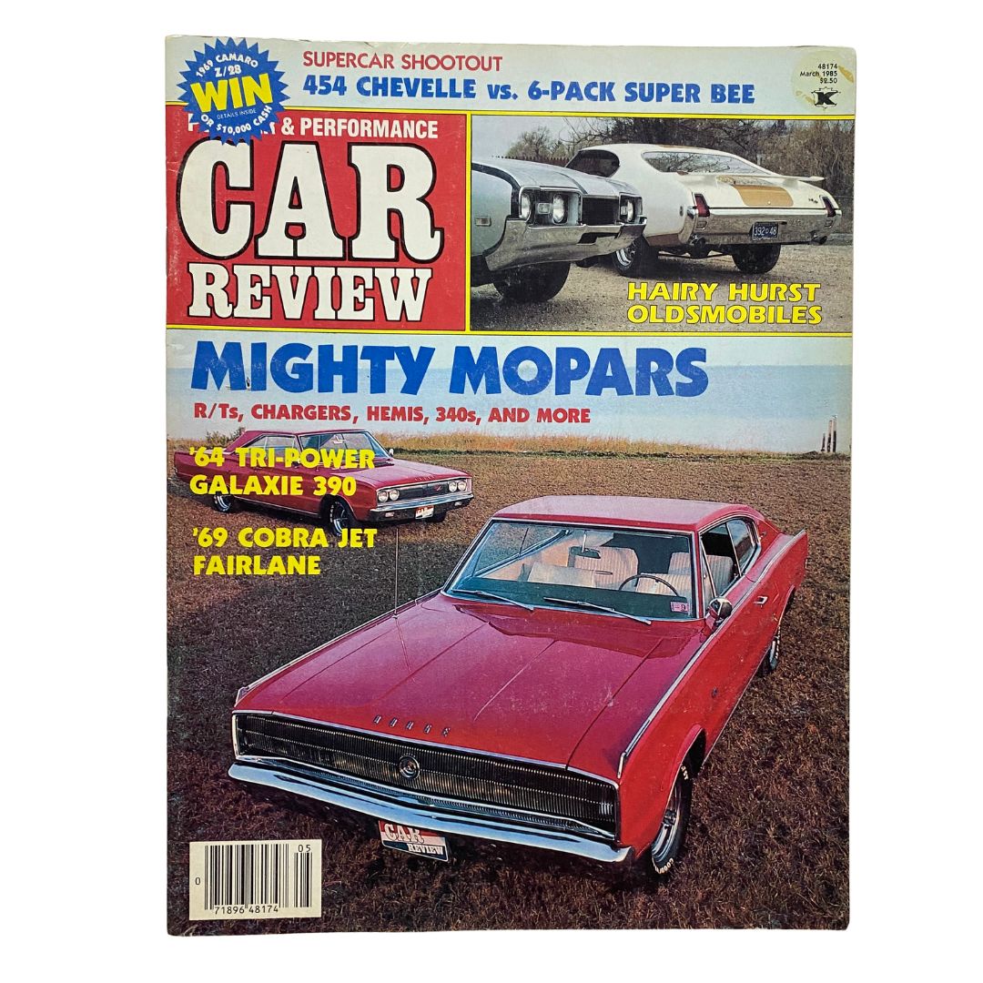 Cover of the VTG Car Review Magazine from May 1985 featuring classic cars including the 1964 Tri-Power Galaxie 390 and the 1969 Cobra Jet Fairlane, authored by Donald Farr and Wayne Godfrey.