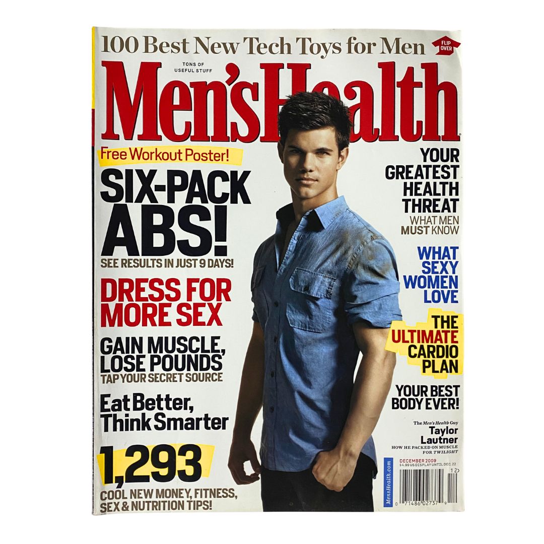 Cover of Men's Health Magazine December 2009 featuring actor Taylor Lautner, focusing on six-pack abs, health tips, and fitness advice.