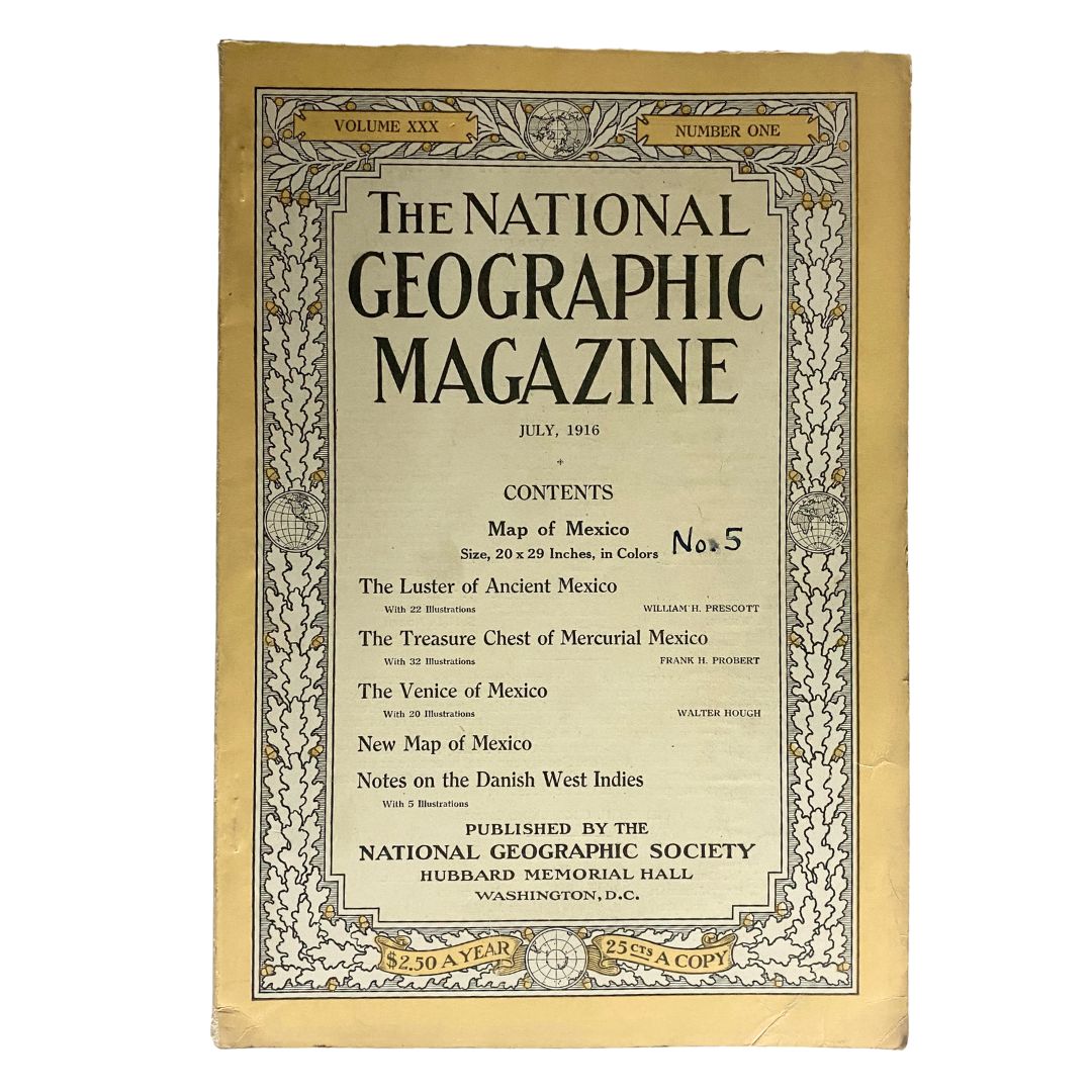Cover of National Geographic Magazine July 1916 titled 'The Luster of Ancient Mexico', featuring contents including a map of Mexico.