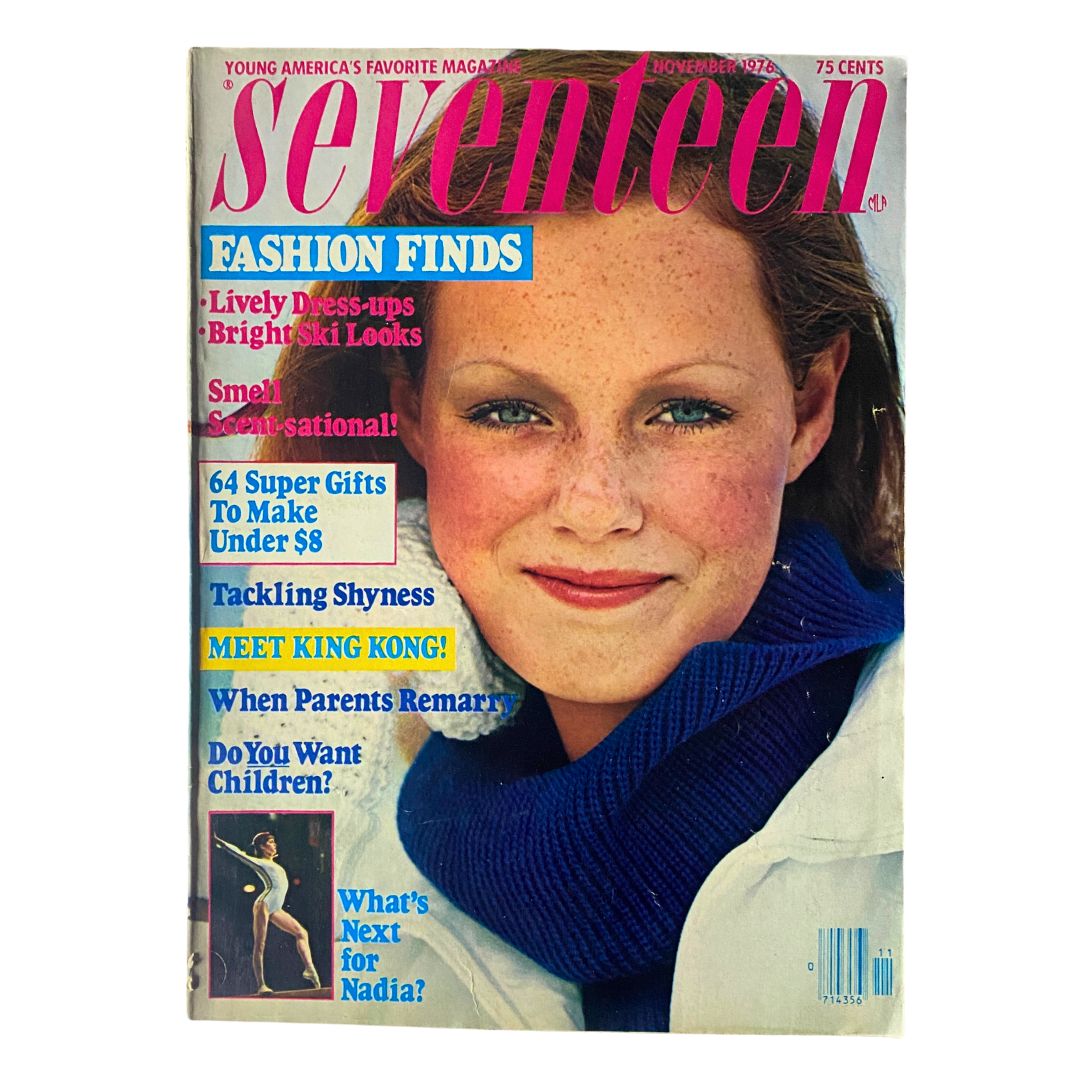 Vintage Seventeen Magazine Cover - November 1976 featuring an article on Nadia Comăneci, along with fashion finds and lifestyle tips.