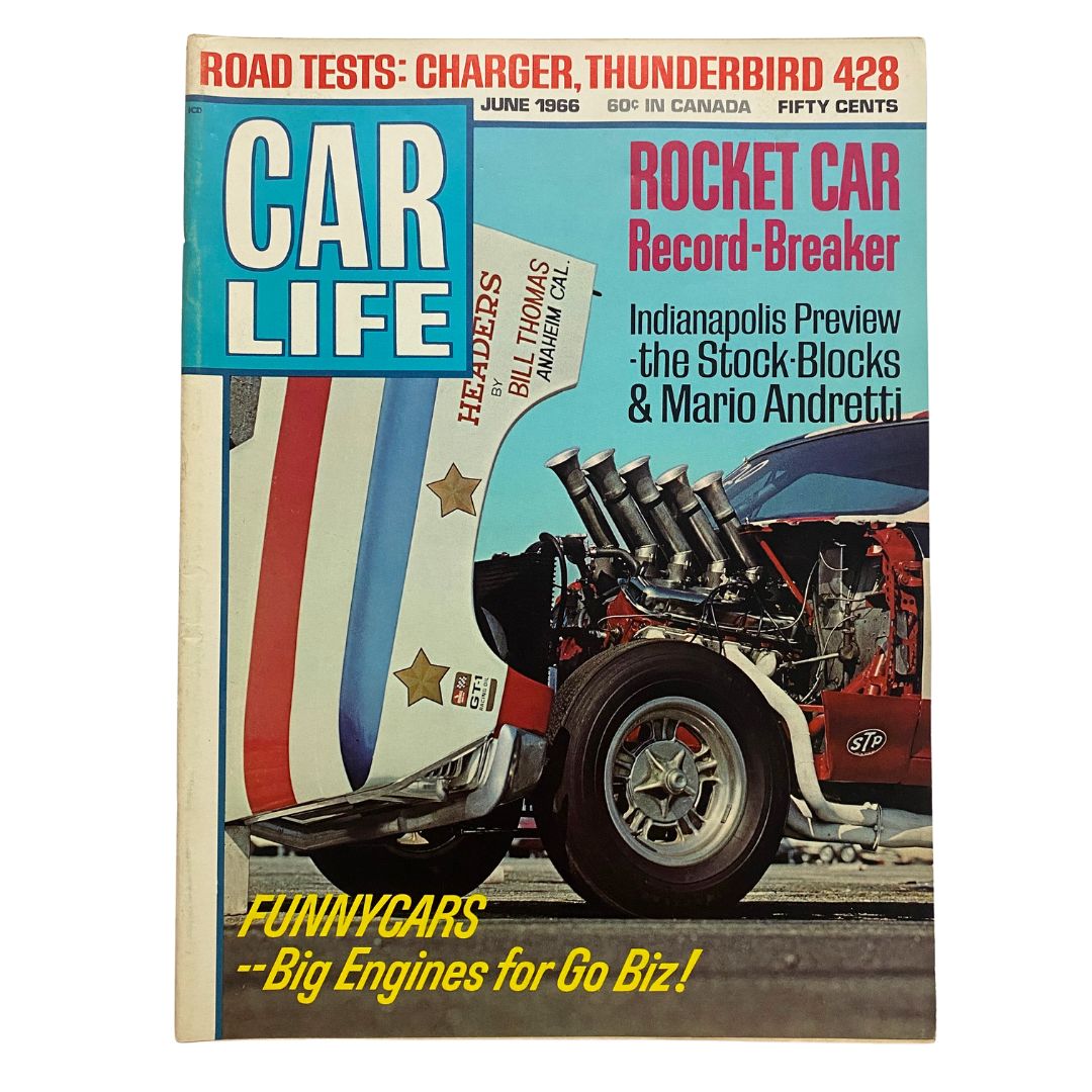 Cover of VTG Car Life Magazine June 1966 Vol 13 No. 5 featuring the Rocket Car Record-Breaker, showcasing vintage automotive design and culture.