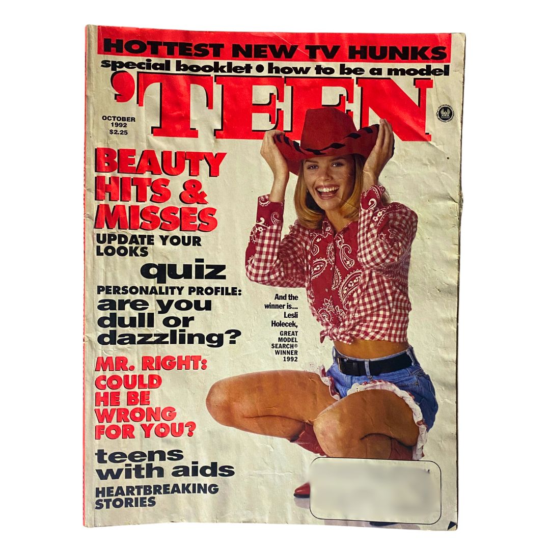 Teen Magazine October 1992 featuring Lesli Holecek, Great Model Search Winner, on the cover, showcasing a vibrant vintage fashion and 90s youth culture.