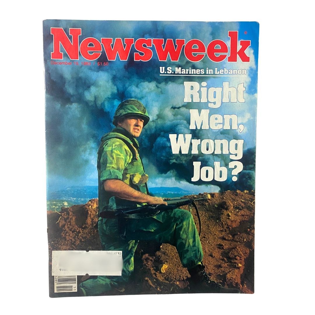 Cover of VTG Newsweek Magazine December 19 1983 featuring U.S. Marines in Lebanon, with a soldier in camouflage and the title 'Right Men, Wrong Job?' highlighting military involvement.
