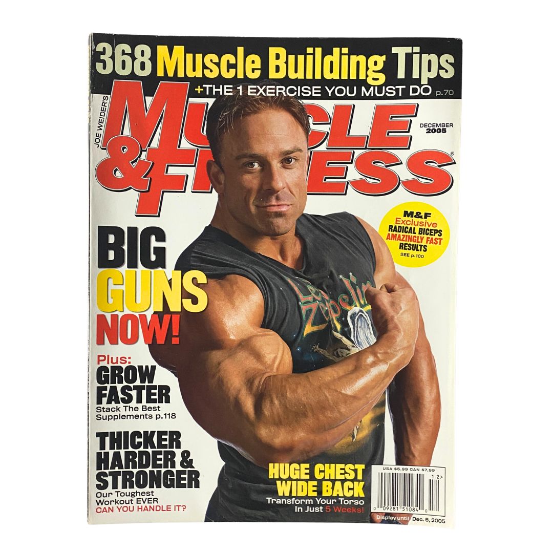 Muscle & Fitness Magazine December 2005 featuring Aaron Maddron on the cover, showcasing fitness tips, bodybuilding insights, and vintage fitness culture.