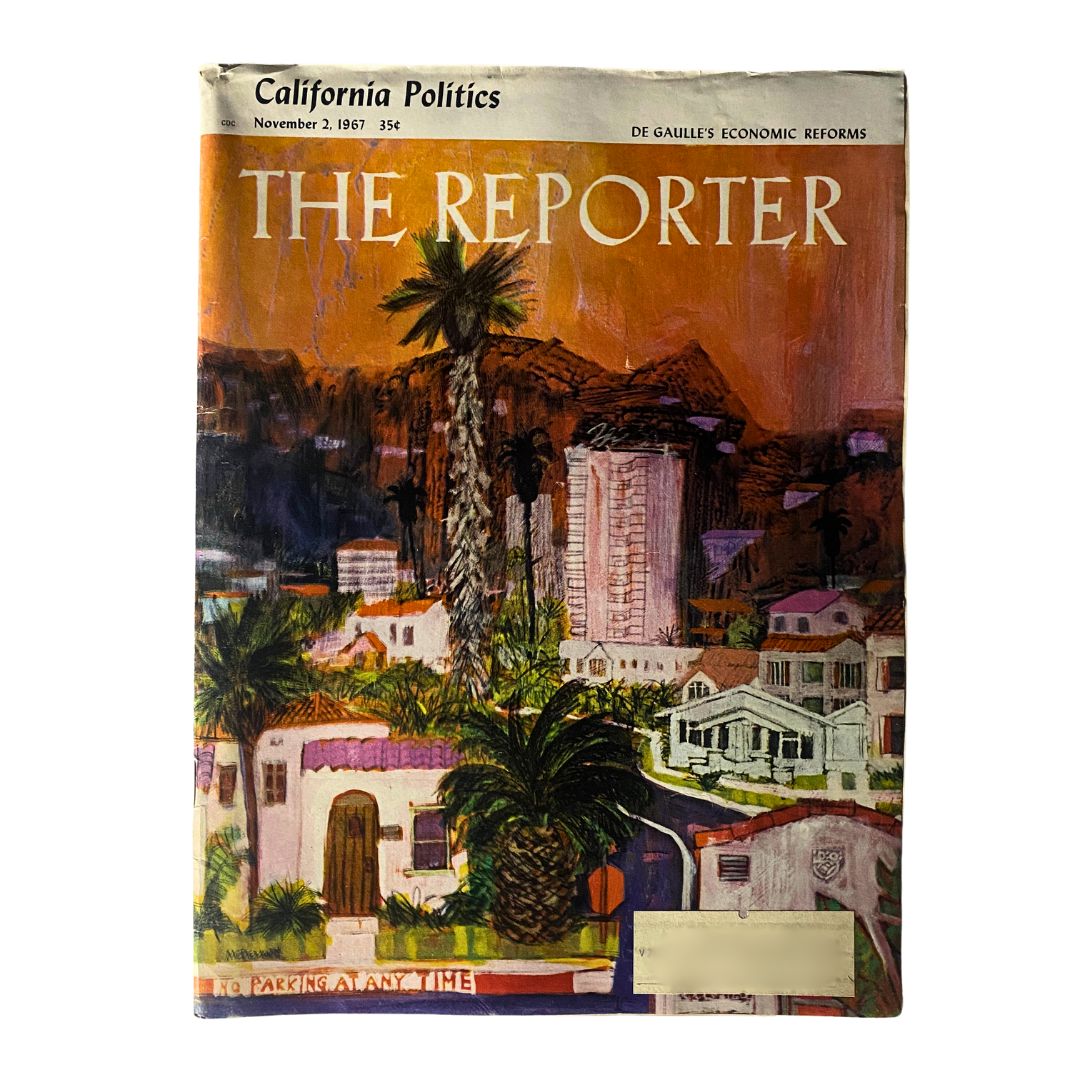 Cover of VTG The Reporter Magazine from November 2, 1967, featuring an artistic depiction of California politics and Charles de Gaulle's economic reforms.