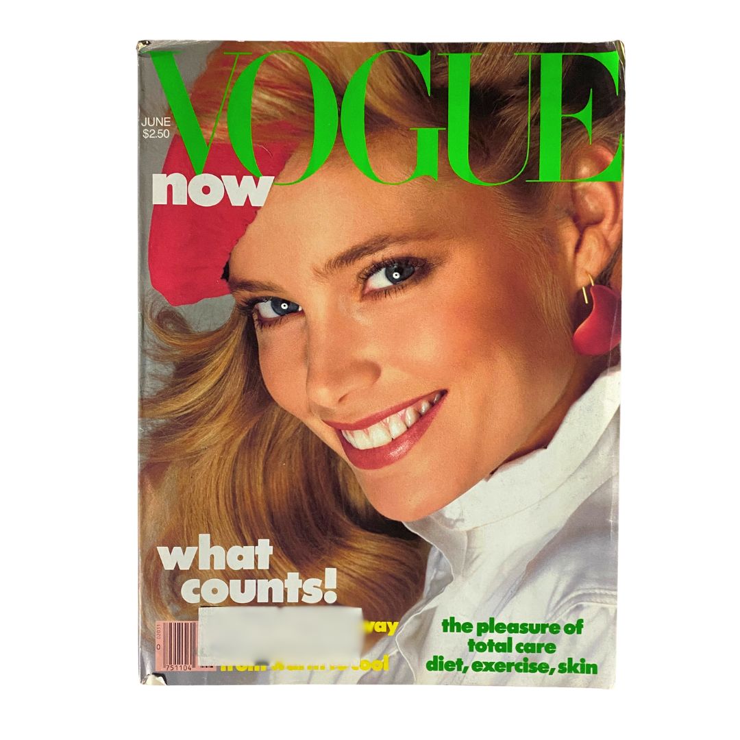 VTG Vogue Magazine June 1982 featuring cover model Kelly Emberg, photographed by Richard Avedon, showcasing a vibrant design and the captivating tagline 'what counts!' for fashion enthusiasts.