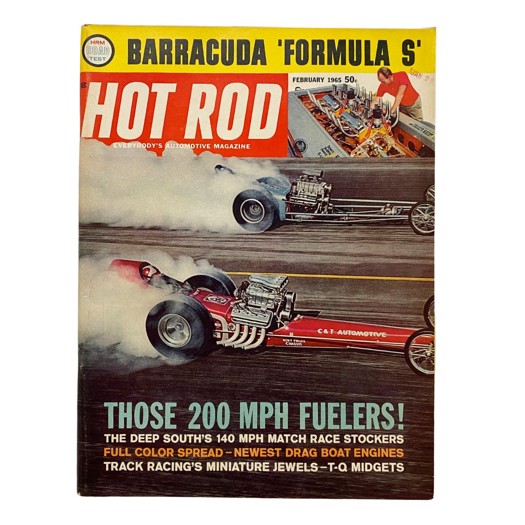 VTG Hot Rod Magazine February 1965 cover featuring the Stellings-Hampshire Machine, showcasing classic automotive design and racing culture.