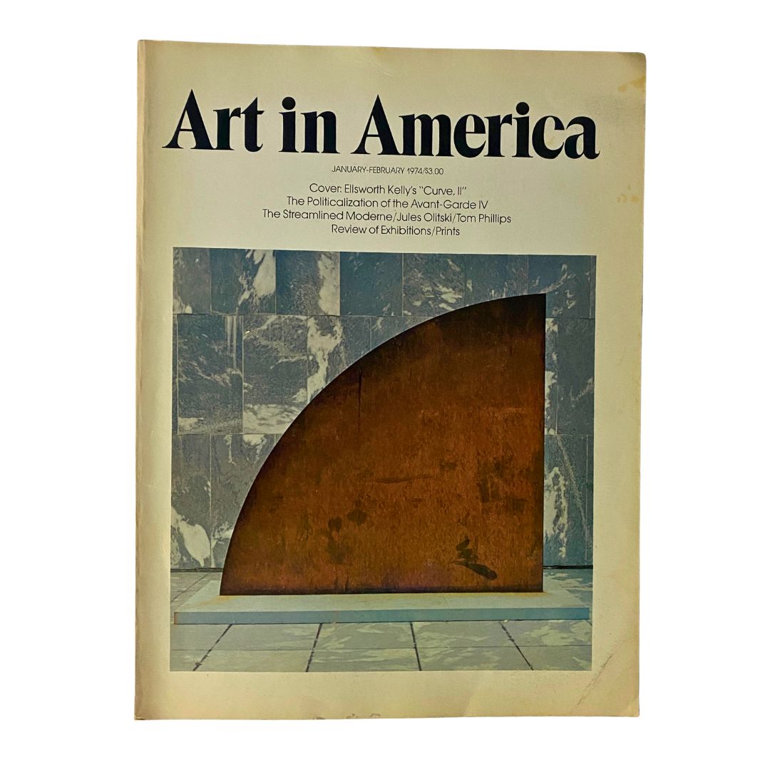 Cover of VTG Art in America Magazine January 1974 featuring Ellsworth Kelly's "Curve II", displaying a minimalist design with geometric artwork and modern art themes.
