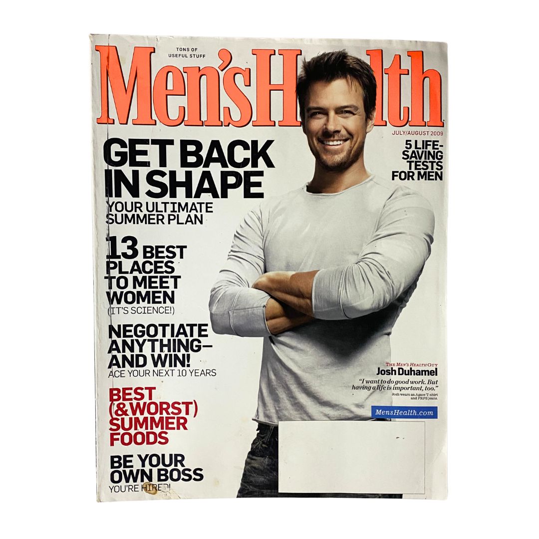 Cover of Men's Health Magazine July - August 2009 featuring Josh Duhamel. This edition includes articles on fitness, health trends, and summer tips, highlighted by Duhamel's smiling portrait.