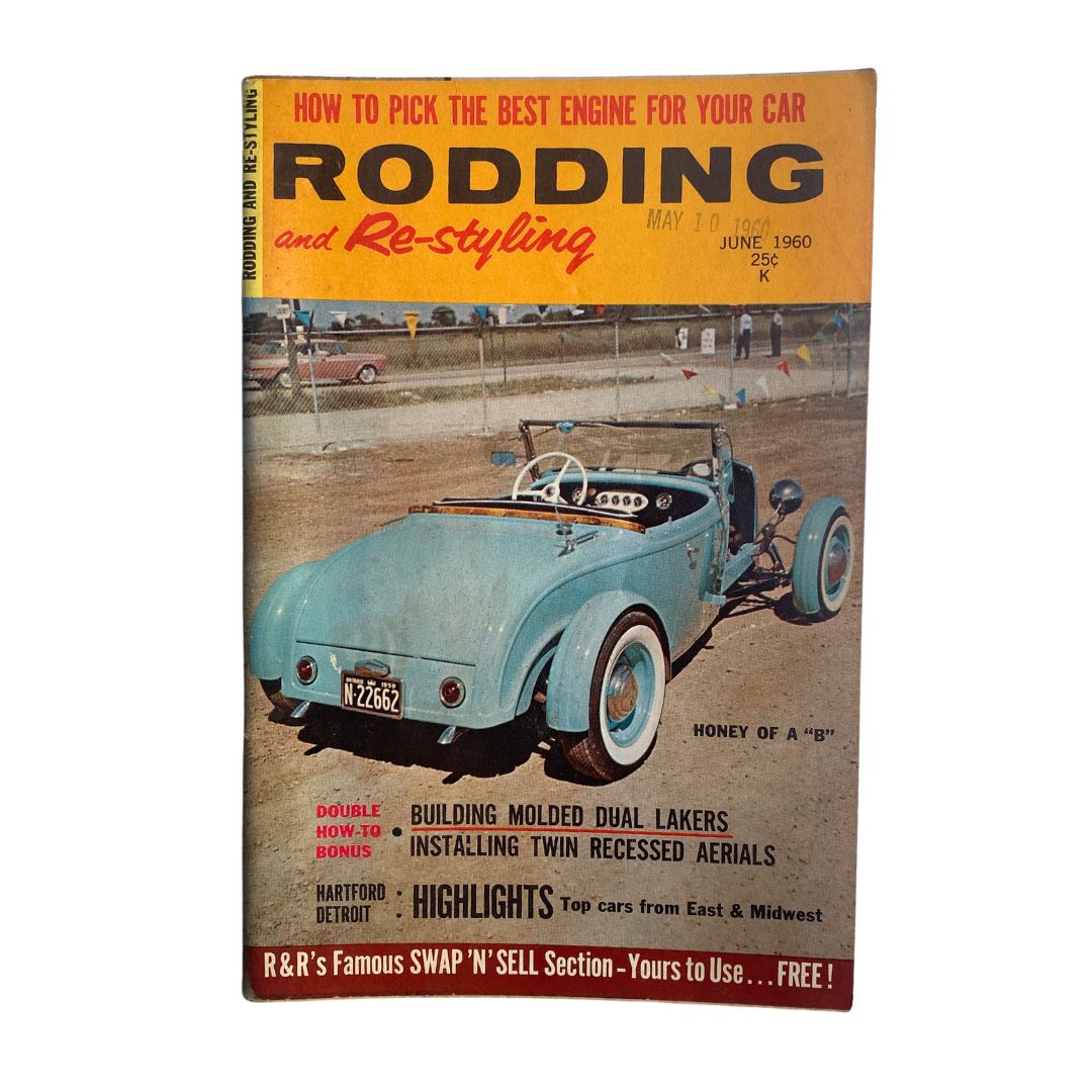 Cover of VTG Rodding & Re-Styling Magazine June 1960 featuring a vintage blue car, showcasing the article "Honey of a 'B'".
