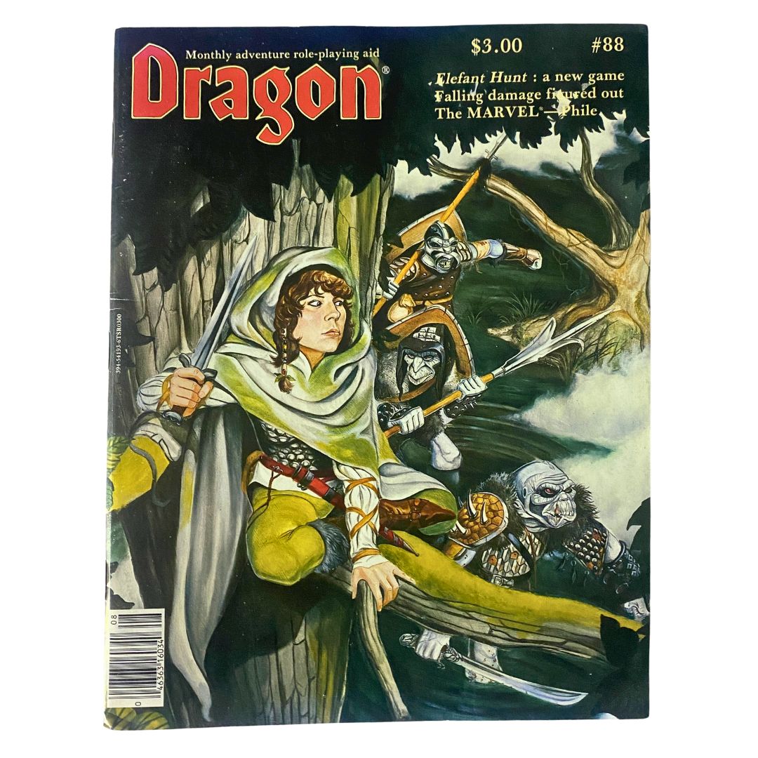 Cover of VTG Dragon Magazine August 1984 #88 featuring 'Elefant Hunt' by Tom Wham, showcasing vibrant artwork of fantasy characters in an adventurous setting.
