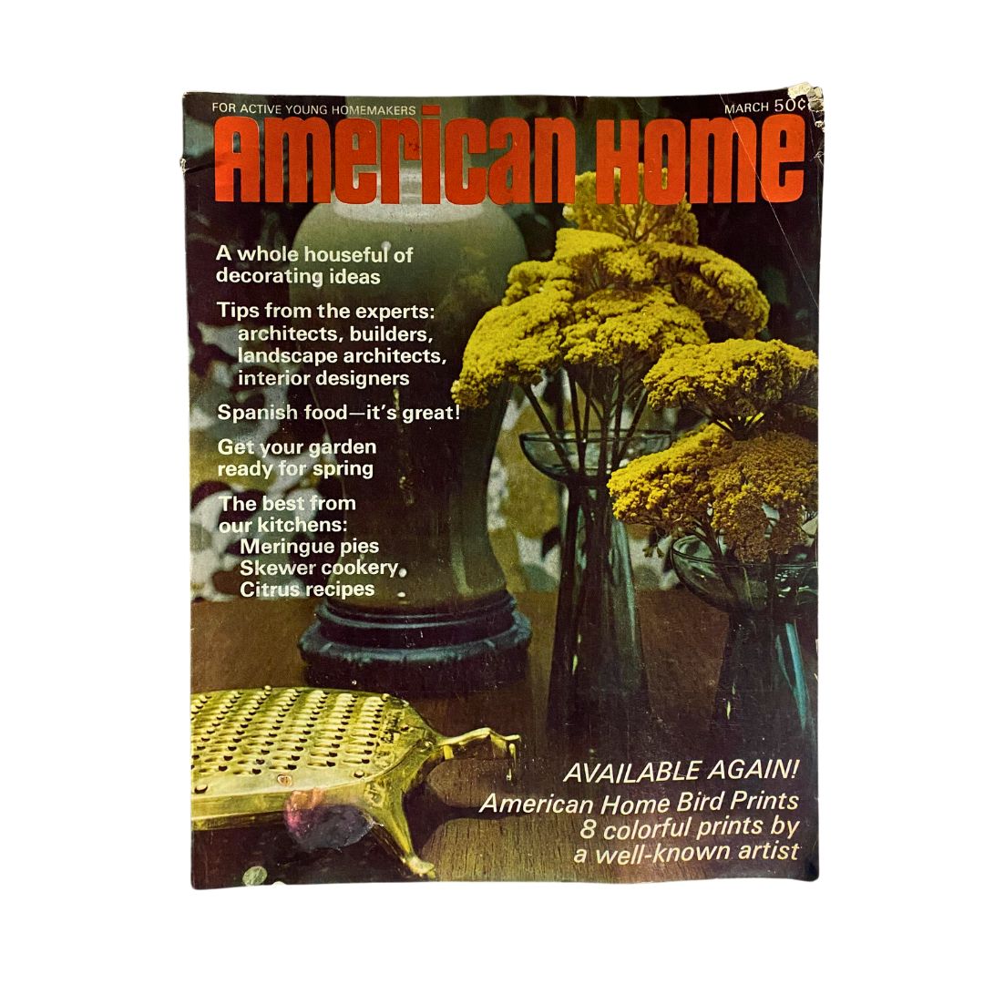 Cover of VTG American Home Magazine March 1968 Whole Houseful of Ideas featuring a decorative arrangement with flowers and a vintage kitchen item.