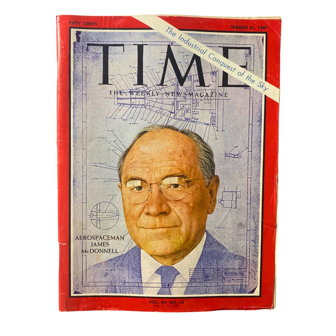 VTG Time Magazine March 31 1967 featuring Aerospaceman James McDonnell, showcasing a significant moment in aerospace history with a classic cover design.