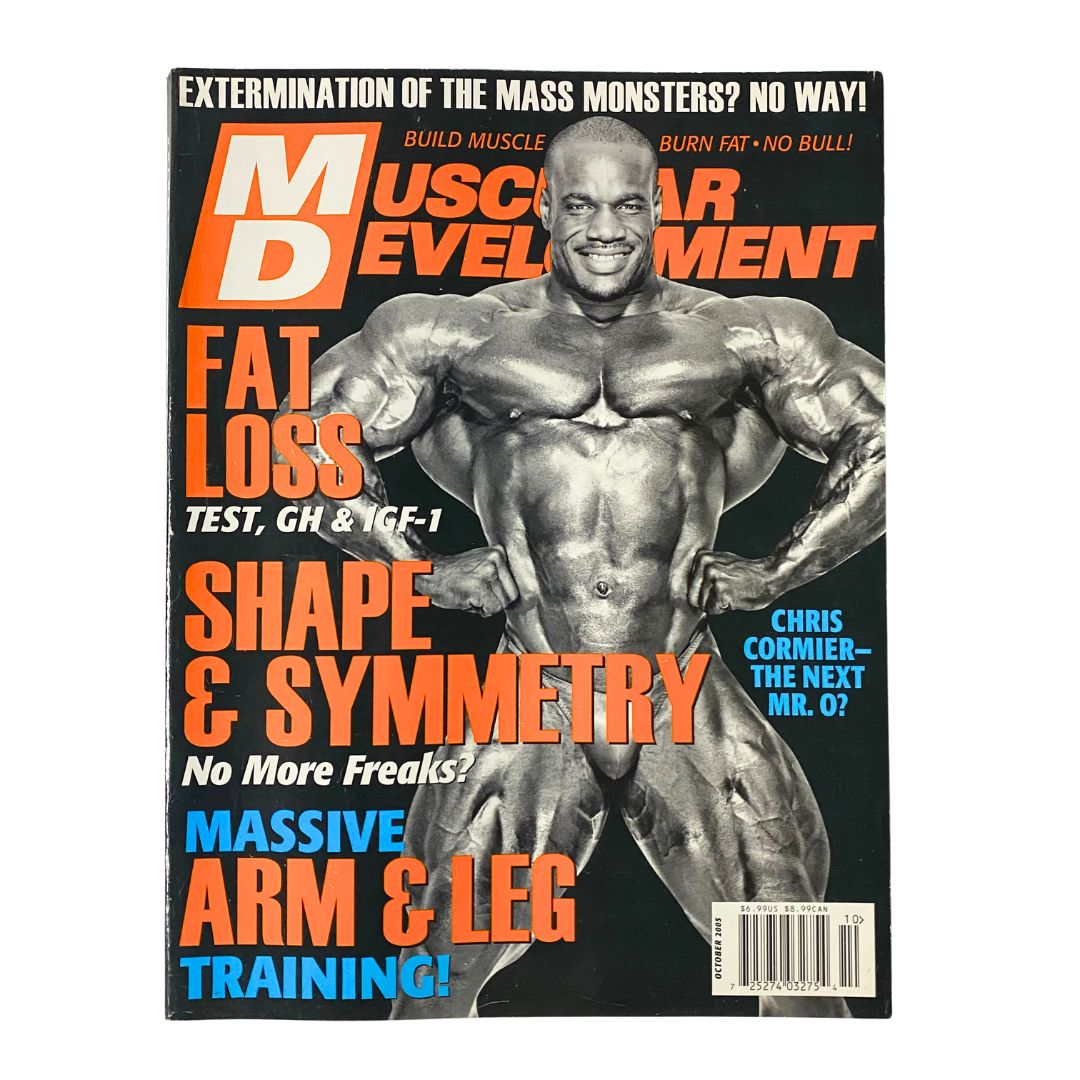 Muscular Development Magazine October 2005 featuring Chris Cormier on the cover, showcasing fat loss and bodybuilding tips, with headlines about shape, symmetry, and training for massive arm and leg strength.