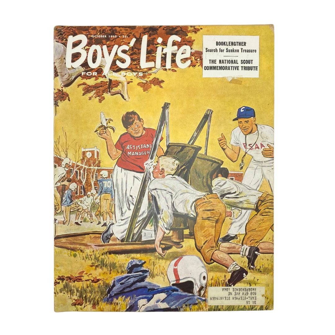 Boys' Life for All Boys Magazine October 1959 cover featuring a vibrant illustration of boys playing sports and engaging in outdoor activities, capturing the nostalgic spirit of the era.